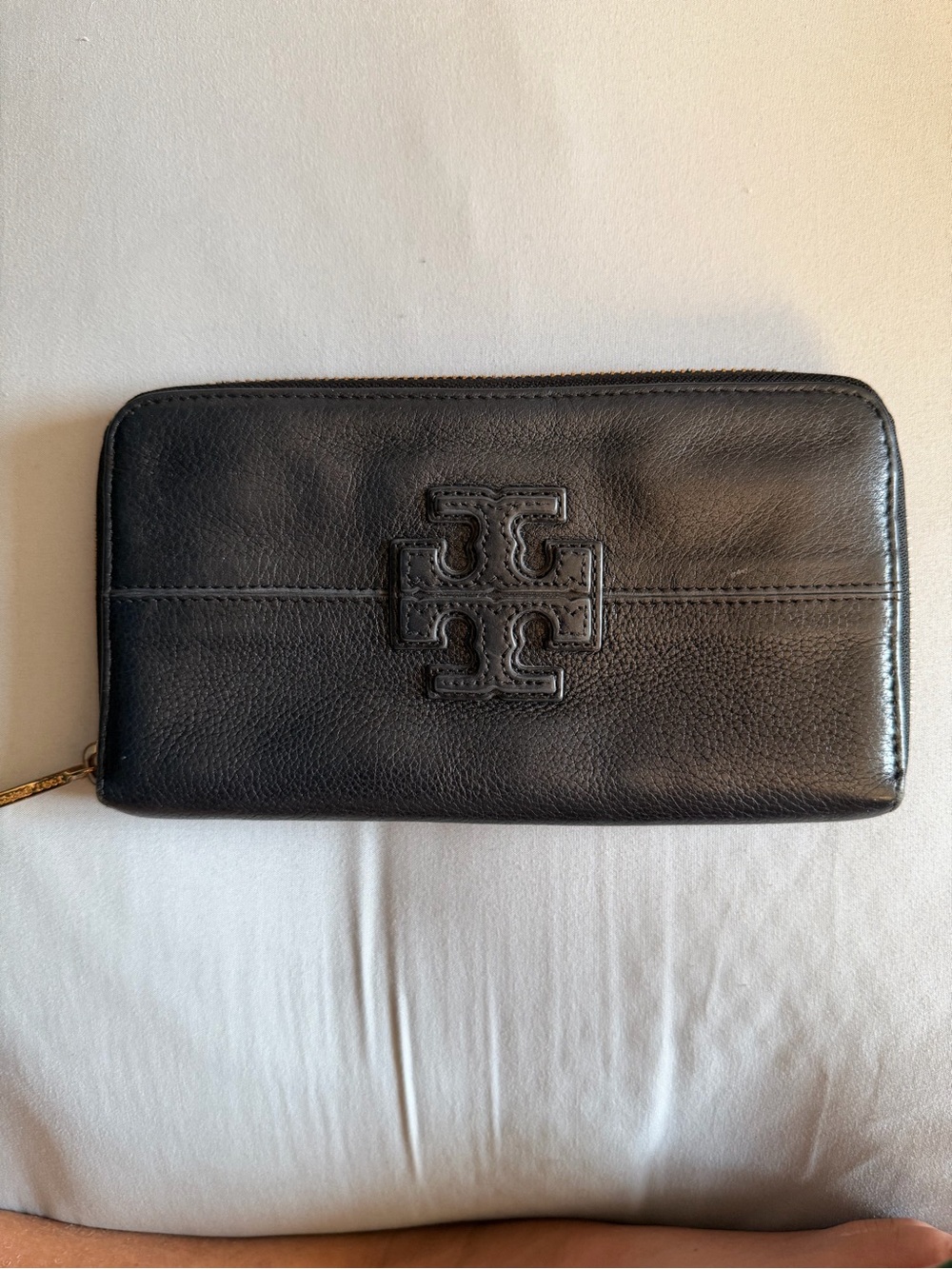 Tory Burch Black Leather Zip-Around Wallet with Logo